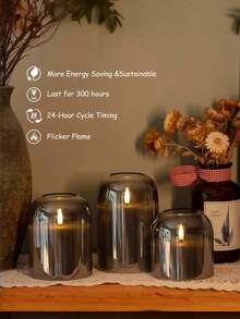 Set de 3 luces de columna de acrílico con LED a batería, con control remoto y temporizador, adecuadas para decoración del hogar en Navidad, Halloween y Año Nuevo (baterías no incluidas) - gris - Ver 2