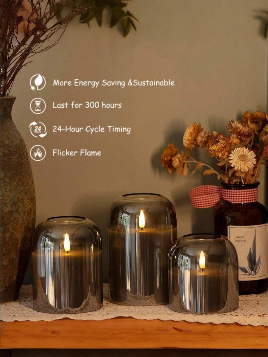 Set de 3 luces de columna de acrílico con LED a batería, con control remoto y temporizador, adecuadas para decoración del hogar en Navidad, Halloween y Año Nuevo (baterías no incluidas)