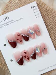10pcs Handmade Almond-Shaped Nail Art Stickers, Wine Red French Manicure With Rhinestone Heart Pattern, Reusable Nail Decals Suitable For Parties, Weddings, Daily Wear, DIY Manicure, Includes Tools - Red - View 4