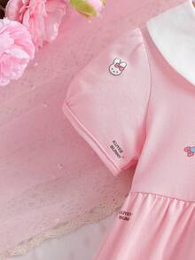 Girls' Casual Contrast Collar Short Sleeve Dress, Summer - Baby Pink - View 4