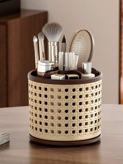 1pc 2026 New Vintage Style Vanity Desk, With Lipstick & Eyeshadow Storage Rack, Desktop Pen Holder, 360-Degree Rotating Large Capacity Divided Makeup Brush Organizer. Suitable For Autumn/Winter Makeup Organization And Desktop Decor, Also An Ideal Gift For Friends.