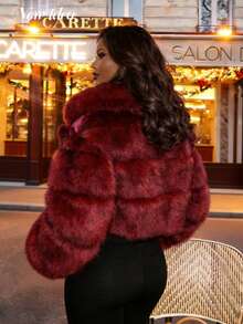 女士奢华仿皮草外套，酒红色，叠层设计，修身剪裁，优雅适合派对、婚礼、假日、音乐节、晚宴等场合。 - 酒紅色 - 查看 2