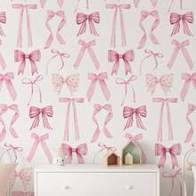 ihomeli Pink Bow Plaid Removable Wallpaper, Pink Bow Wallpaper, Pink Bow Plaid Removable Wallpaper - Peelable Wallpaper, Pink Nursery, Soft Pink Wallpaper, Peelable And Repositionable Canvas Watercolor Bow - Multicolor - View 2