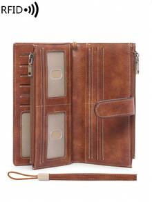MIYIN Cartera vintage de mujer multifuncional de gran capacidad con triple pliegue, billetera con bloqueo RFID que cabe tarjetas de crédito/ID/monedas/efectivo/recibos, cartera de embrague con cremallera doble, regalo de cumpleaños, regalo de aniversario, billetera de mujer, billetera larga, muñequera - Marrón - Ver 3