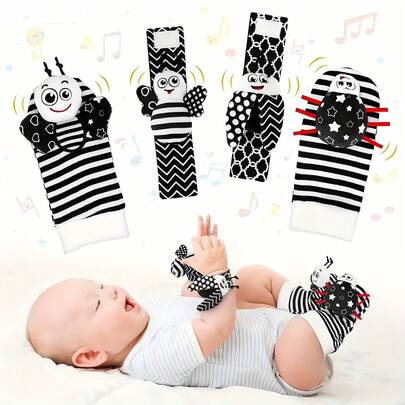 0-6 Months Newborn Baby Wrist Rattle Socks And Toe Exploration Toy Set, Suitable As Bath Gift For New Parents