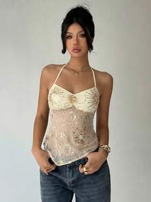 Women's Sexy Beaded Halter Neck Irregular Hem Blouse, Star & Moon Sequin Chest Ruched Metal Button Top, Suitable For Beach, Night Out, Date, Travel - Light Yellow - View 2