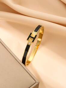 1pc Stainless Steel Enamel Letter "H" Bracelet, Fashion Unisex Bangle - H Black Oil Droplet Bracelet - View 2