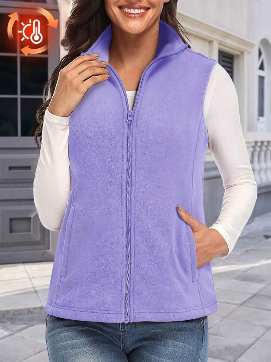 Women's Spring Fall Fleece Stand Collar Vests Fashion Zip Up Sleeveless Jackets Soft Warm Lightweight Multi-Pocket Waistcoat - 淡紫色 - 查看 1