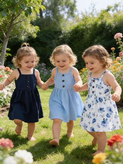 3pcs/Set Baby Girls Floral Print Solid Color Ribbed Button Strap Dress Set