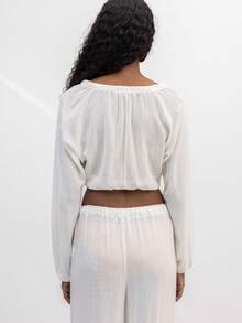 Iscose Blend Tie Front Crop Top - Boho Off White Off The Shoulder Long Sleeve Blouse - Cream - View 8