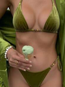 Bộ 2 bikini nữ Hàn Quốc màu trơn bằng nhung, kiểu dáng gợi cảm, hở lưng, buộc dây, thích hợp cho kỳ nghỉ hè, hẹn hò, đi biển. - màu xanh lá - Xem 10