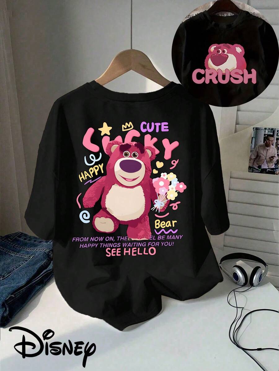 Disney Cartoon Authorized Strawberry Bear Double-Sided Printed T-Shirt | Short-Sleeved Round Neck Casual Top, Suitable For Summer And Spring, Women'S Clothing - màu đen - Xem 1