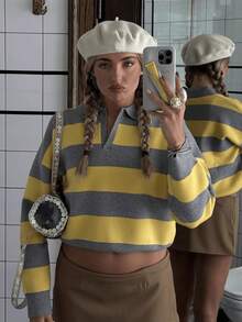 GDDYIN Women's Striped Contrast Ribbed Casual Sweater - Yellow - View 3