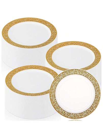 Luxury European Style White Base Gold Hollow Edge Serving Platter, Suitable For Wedding, Birthday Party, Dessert Table, Boutique Hotel, Restaurant, Afternoon Tea, Picnic, Durable And Stylish, Versatile Dining Plate For Dessert Table Decor, Boutique Hotel Plating, Restaurant Serving, Picnic & Camping