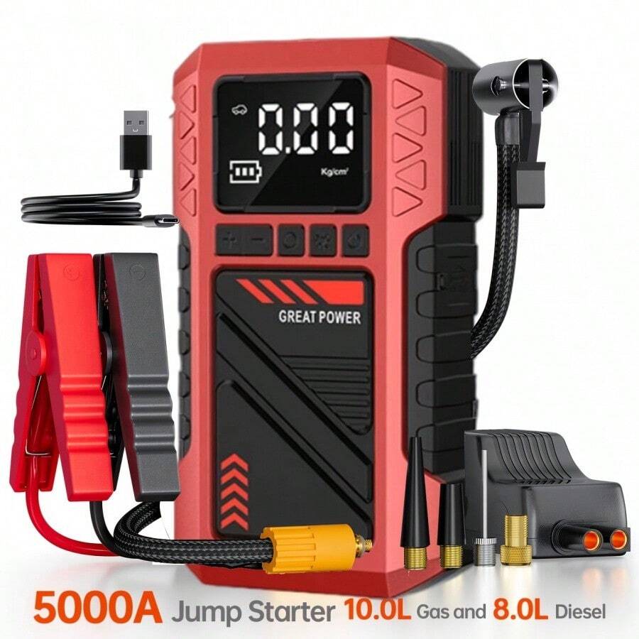 5000A 汽車跳啟電源啟動器附充氣泵，150PSI 五合一數位汽車輪胎充氣機，便攜式汽車充氣泵