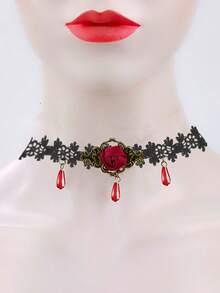 1pc Women's Retro Gothic Choker, Black Lace Rose Flower Tassel Short Necklace - Multicolor - View 4