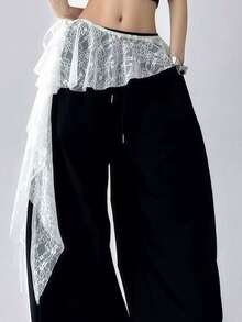 1pc Fashionable Versatile Asymmetrical Lace Trim Tie-Up Slit Apron Skirt, Suitable With Pants Or Skirts - Multicolor - View 1