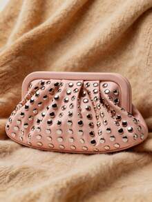 New Fashionable Versatile Minimalist Rivet Clutch Bag, Niche Design, High-End Retro Punk Style, Popular Design, Commute & Shopping Women's Black Handbag, Halloween Wallet, Perfect For Various Parties, Halloween Fashion And Goth Fashion - 粉色 - 查看 10