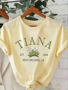 Women's Pure T-Shirt With New Orleans Mardi Gras Print (Tiara/Tiana/EST 2009) - Short Sleeve Round Neck Casual & Party Top, Breathable Summer Tee For Themed Events, Birthdays & Casual Attire Loose Fit Washed Short Sleeve T-Shirt, Street Style, Unisex, For Spring/Summer/Autumn,Valentines Day Outfit,Summer Outfits In Holiday Women T-Shirts - 杏色 - 查看 8