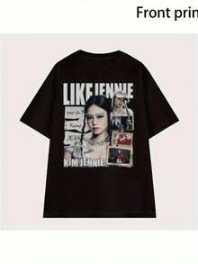 1pc Women'S Kim Jennie Printed Round Neck T-Shirt, Short-Sleeved For All Seasons, Easy And Stylish For Autumn And Winter Layering, Recommended For Daily Wear, The Perfect Birthday Gift, Holiday PresentMinimalist Style  Sweatshirt Graphic Tees, Vintage Clothes, Streetwear, Going Out Tops, Summer Tops, Spring Outfits, Funny Shirts, Matching Couple Outfits, Matching Outfits Vacation, Figure Print Casual, Street Fashion, Versatile - 黑色 - 查看 1