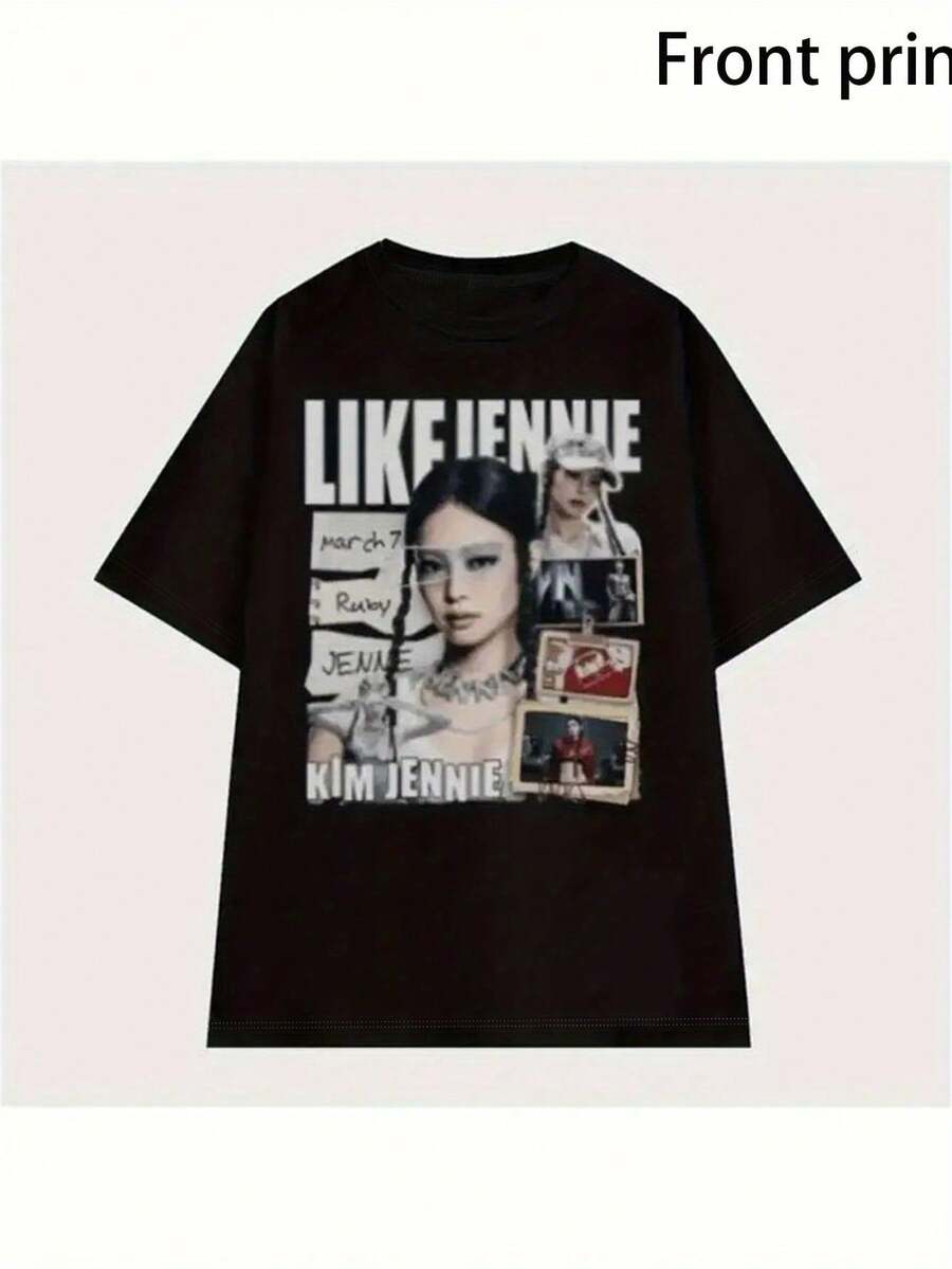 1pc Women'S Kim Jennie Printed Round Neck T-Shirt, Short-Sleeved For All Seasons, Easy And Stylish For Autumn And Winter Layering, Recommended For Daily Wear, The Perfect Birthday Gift, Holiday PresentMinimalist Style  Sweatshirt Graphic Tees, Vintage Clothes, Streetwear, Going Out Tops, Summer Tops, Spring Outfits, Funny Shirts, Matching Couple Outfits, Matching Outfits Vacation, Figure Print Casual, Street Fashion, Versatile - 黑色 - 查看 1