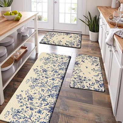 Alfombra de cocina con diseño de rayas azules y beige con estampado floral y de pájaros, con respaldo antideslizante, alfombra decorativa para sala de estar, dormitorio, cocina, comedor, entrada, baño, lavandería, decoración del hogar, adecuada