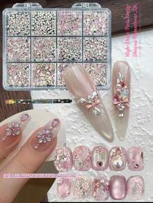 KIRAME 1200颗平底粉色水钻美甲套装 - 12款DIY美甲套装，含一支点钻笔，3-6毫米闪亮美甲宝石，适用于美甲沙龙、美甲用品供应商，圣诞节、新年、节日礼物 - 粉色 - 查看 4