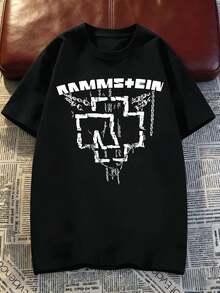 Rammstein band logo and chain t-shirt, soft cotton, crew neck, relaxed fit, unique graphic print, new arrival - Preto - Ver 2