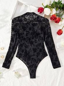 Bộ jumpsuit dài tay bằng vải lưới xuyên thấu màu đen, chất liệu nhung, họa tiết hoa, thích hợp cho tiệc tùng. - màu đen - Xem 11