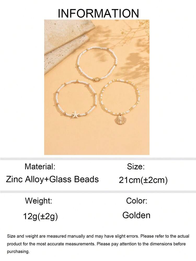 3件套波西米亚风金属合金贝壳、玻璃珠、海星多层脚链，时尚饰品，适合女性日常佩戴、海滩、派对、音乐节等场合。 - 金色 - 查看 5