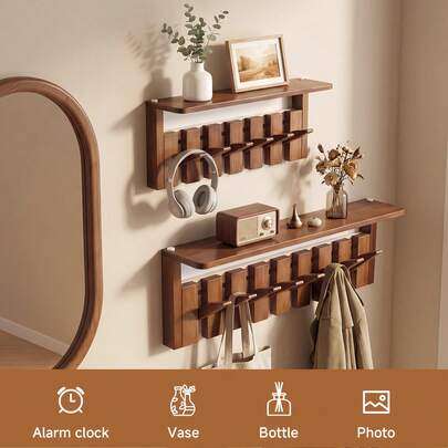 Senmeo Floating Shelf Wall Mounted Coat Rack, Solid Wood Organizer With 6/8 Magnetic Hooks For Entryway/Bathroom – Brown