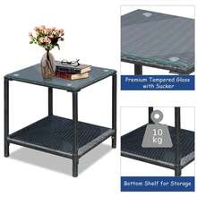 COSTWAY 3 Pieces Outdoor Rocking Bistro Set, PE Rattan Rocking Chair Set With Cushions, Tempered Glass-Top Coffee Table And Storage Shelf, Patio Wicker Conversation Set For Garden, Backyard And Poolside, Navy - Blue - View 11