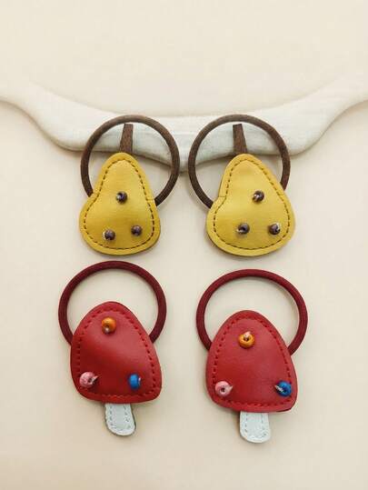 2个/4个PU皮革儿童可爱发圈 可爱植物发绳 温和护发 女孩发圈