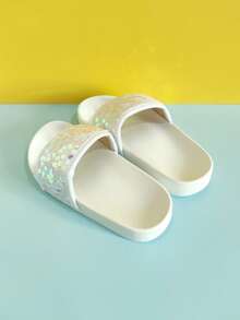 Girls' Glitter Fashion Casual Slippers, Soft & Comfortable Shiny Flat Slides, Suitable For Indoor & Outdoor Wear All Seasons - White - View 3