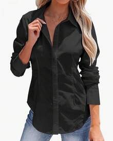 Women's Button-Up Shirt, Long-Sleeved, Solid Color, Versatile, Office-Style, Elegant Blouse - 黑色 - 查看 4