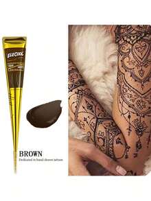 Henna Cone Tattoo Kit Available In Multiple Colors, 12 Random Reusable Stencils | Pre-Mixed Natural Mehndi Paste For Temporary Body Art | Waterproof, Smudge-Proof, Long-Lasting | DIY Kit Suitable For Beginners For Parties, Festivals, Halloween, And Weddings - 紅色+棕色 - 查看 6