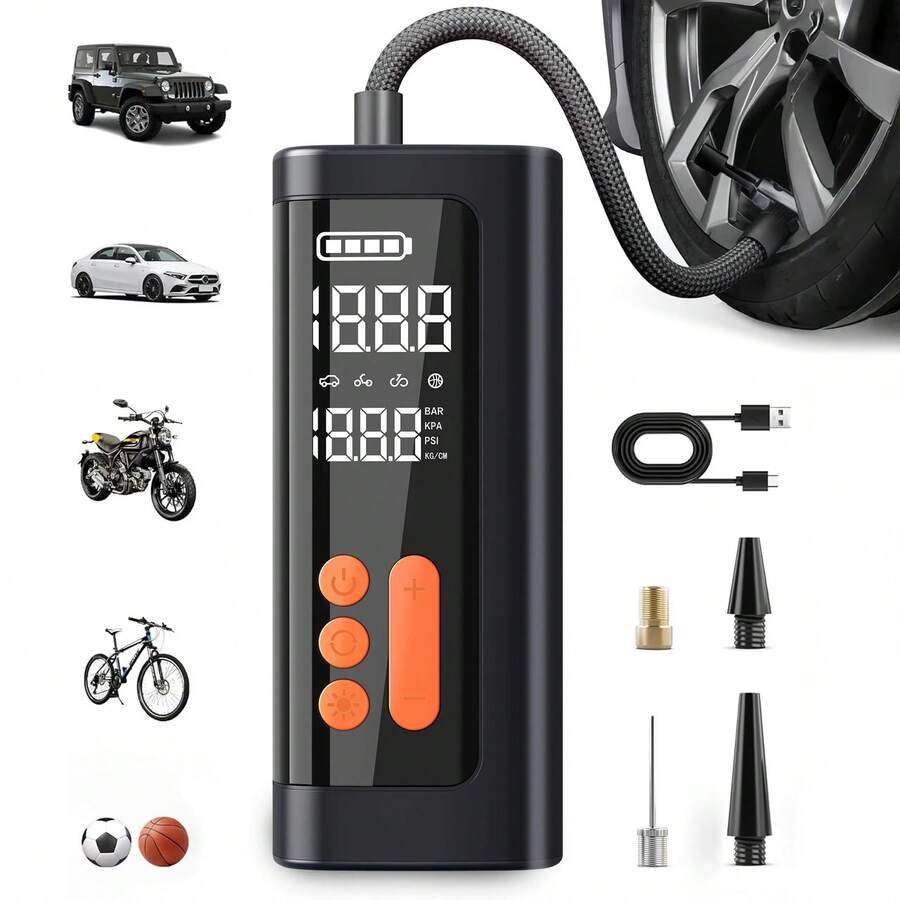 Tire Inflator Portable Air Compressor, 150 PSI Cordless Smart Air Pump With LED Light & Digital Pressure Gauge, Built-In 7.4V 1500MAH. Includes Multiple Inflation Accessories. Suitable For Cars/Motorcycles/Balls/Air Mattresses. - Black - View 1