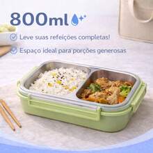 800ml Thermal Lunch Box With 2 Stainless Steel Compartments, Airtight Seal And Transparent Lid - 綠色 - 查看 9