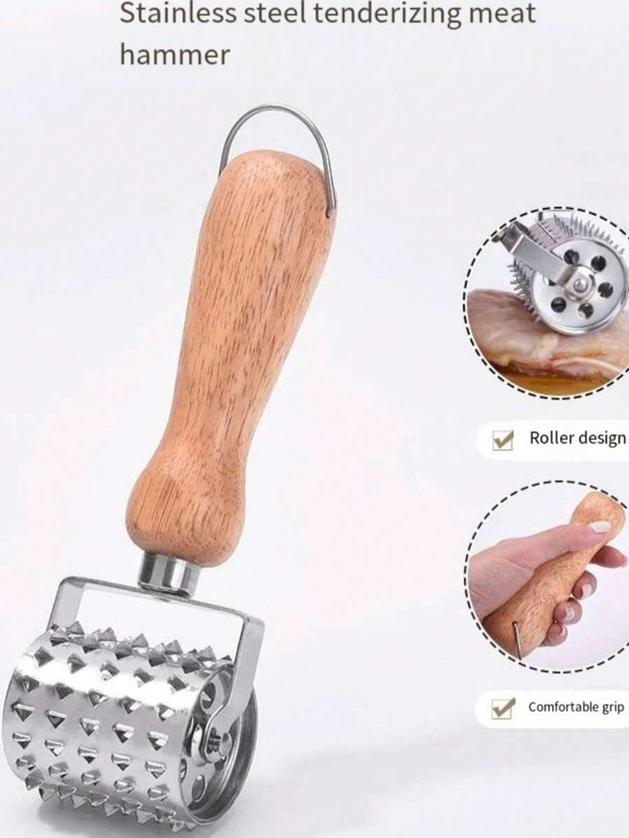 1 cái dụng cụ làm mềm thịt bằng thép không gỉ có tay cầm bằng gỗ, dụng cụ lăn thịt trong nhà bếp.