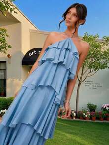 Women's Halter Long Dress With Layered Ruffles - Elegant Summer Fashion - 藍色 - 查看 5