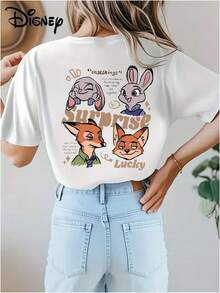 Soft Cotton Women's T-Shirt | Disney Zootopia Judy & Nick Sketch Graphic | Casual Summer Wear - 白色 - 查看 3