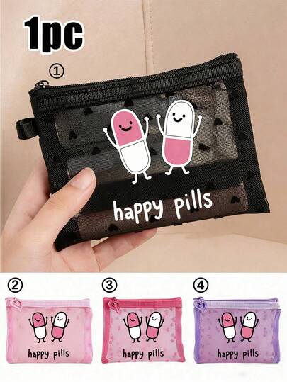 1个迷你便携网状药袋，印有“快乐药丸”字样和药丸图案，可用作急救包、医疗应急包收纳袋、户外家用药品药丸收纳袋、旅行收纳袋、化妆包、护肤品收纳袋、唇油收纳袋、浴室收纳袋、学生宿舍洗漱包，也是复活节、母亲节、独立日的理想礼物。