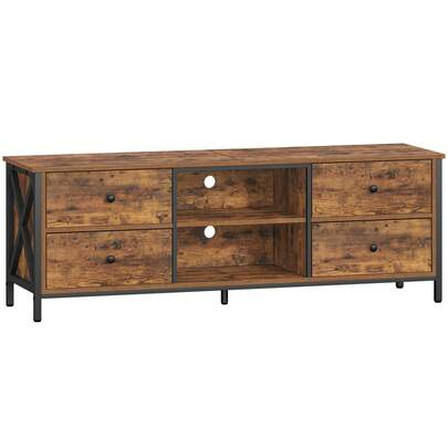 HEXCELEN TV Stand Cabinet Up To 65 Inch, TV Unit With 4 Drawers And 2 Open Shelves, TV Console Table For Living Room, Bedroom, Entertainment Room, Industrial, 40 X 147 X 50 Cm, Rustic Brown