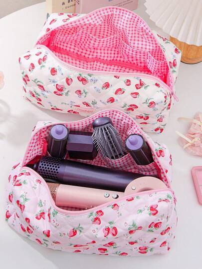 1pc Cute Strawberry Print Quilted Hair Dryer Storage Bag, With Inner Pockets To Hold Hair Dryer, Styling Tools, Travel Hair Tools, Curling Iron, Blow Dryer, Hair Clips, Straightener, Suitable For Home, Travel, Can Also Be Used As Cosmetic Bag, Travel Essential, Cruise Essential, Dorm Essential, Great Gift For Mom, Teacher, Bridesmaid, Ideal For Valentine's Day And Mother's Day