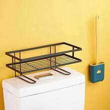 15lbs Capacity No-Drill Bathroom Wall Mounted Storage Rack, Single-Tier Metal Organizer With Toilet Paper Holder, Rust-Proof Space Saving - Black - View 2
