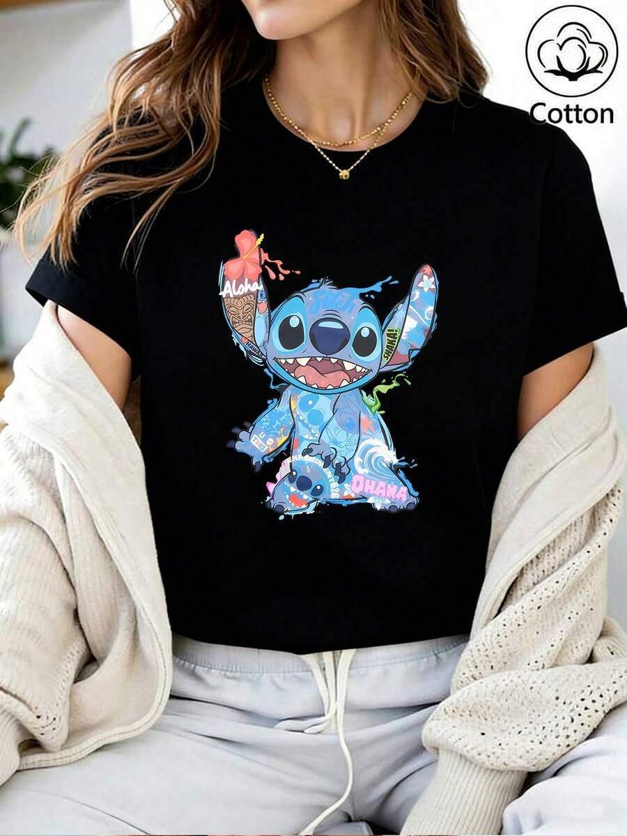 Disney Lilo & Stitch Hawaiian Stitch Oversized T-Shirt: Black Loose Fit Cotton Tee With Ohana & Aloha Graphic, Perfect For Theme Park Visits, Casual Wear And Stitch Fans, Ideal Gift - 黑色 - 查看 1