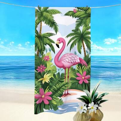1pc Animal, Flamingo, Plant, Green Plant Printed Beach Towel, Super Absorbent Quick Dry Towel For Swimming, Soft And Lightweight Beach Blanket, Suitable For Beach, Swimming, Outdoor Camping Travel, Ideal Beach Essential