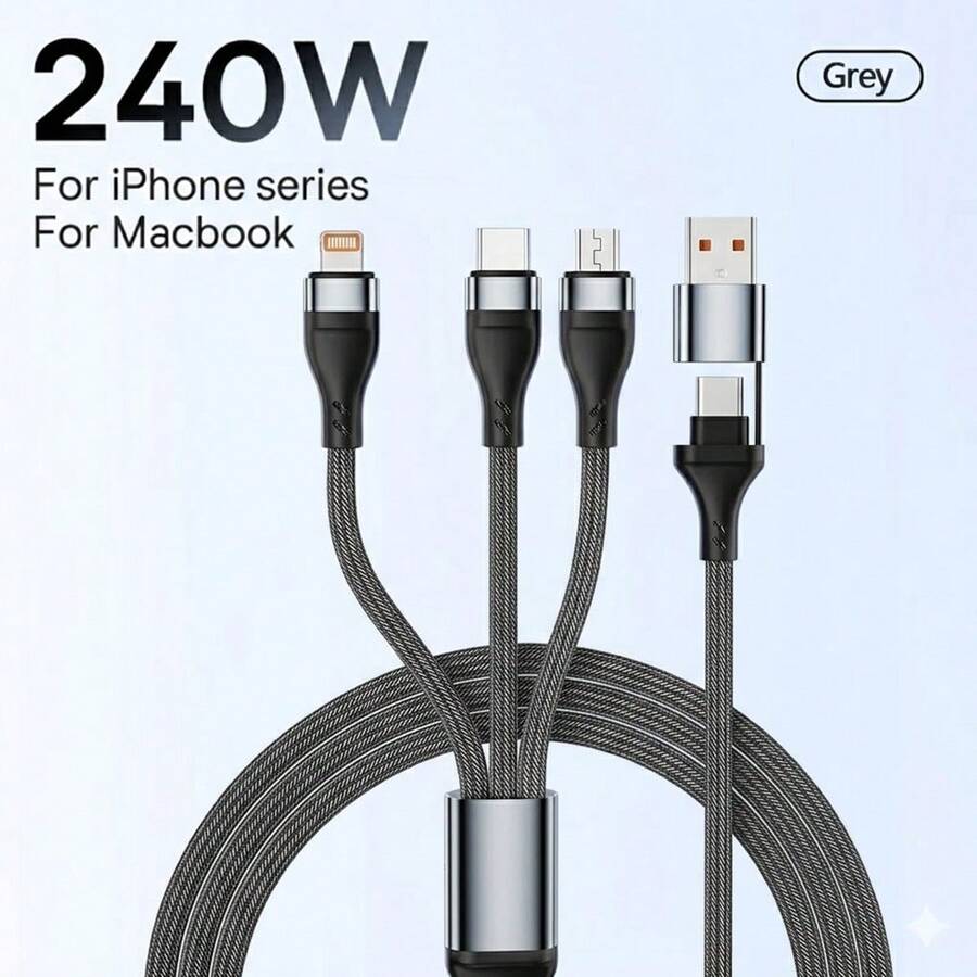 二合三尼龙编织数据线，超快充电，多功能USB A/Type-C/Lightning/Micro USB高效充电及数据线，兼容 17/16/15/14/13/12/11/Xs/Xr/8/7/6、S24 Ultra/S24/S23 Ultra/S23/S22/S21，通用型 - 灰色 - 查看 1