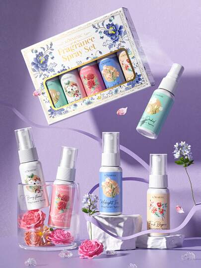 5瓶/套 35毫升浪漫花香喷雾，散发迷人花香、东方香调和清新气息。包含5种不同的花香喷雾，适合用作室内/室外空气清新剂或男女通用香水——经典迷人，便携礼品，适合生日、家居、情人节等场合。