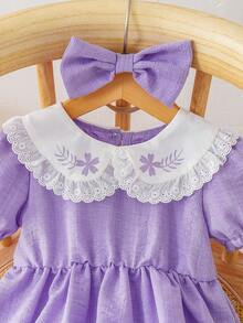Lindo vestido morado con mangas abullonadas y pliegues para bebé niña (incluye diadema con lazo), cuello con ribete de encaje y estampado de plantas, vestido estilo princesa dulce y diadema, set de 2 piezas - Púrpura malva - Ver 6